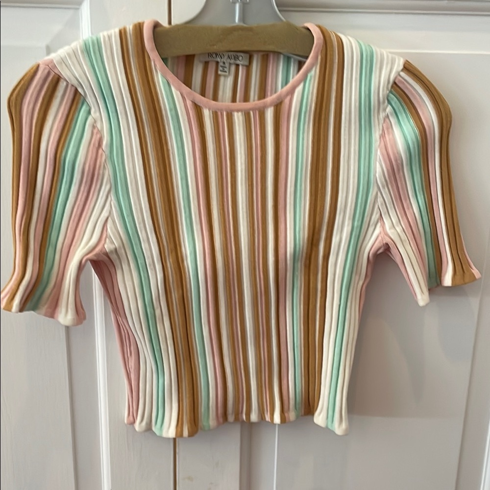 Ronny Kobo Striped Ribbed Short Sleeve crop Top size small